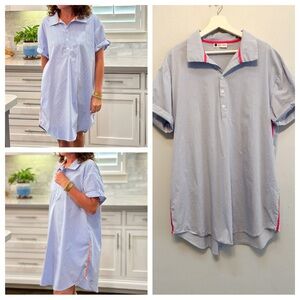 Caryn Lawn Jackie Shirt Dress in Blue Stripe with Pink trim.